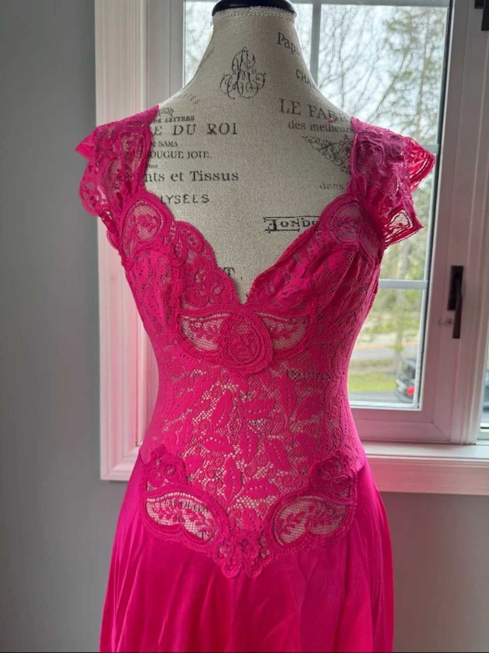Olga for Vandemere lace spandex bodice gown midi blooming azalea‎ pink EUC S/M
